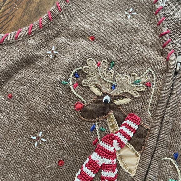 VINTAGE Tiara International Sweater Vest Womens Large Zip Reindeer Ugly Xmas 00s - Picture 6 of 10